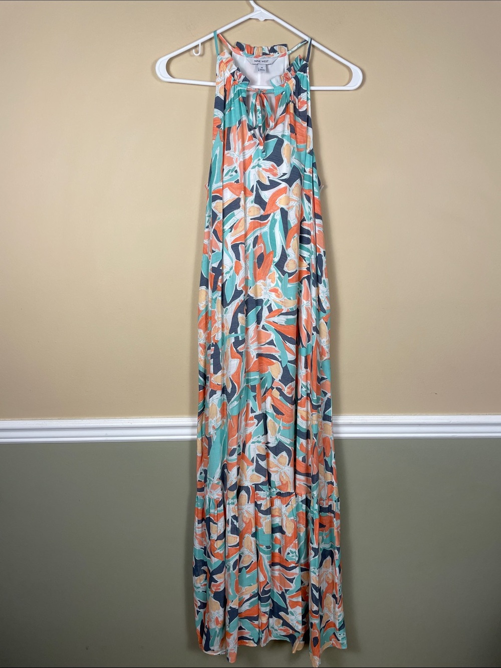 Nine West Women’s Floral Tropical Print Multicolor Keyhole Tie Tank Maxi Dress